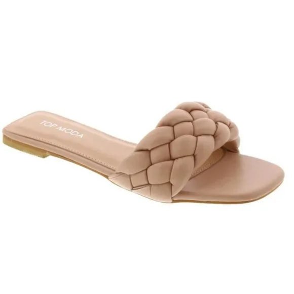 NEW Camel Tan Puffy Braided Faux Leather Square Toe Slip Slide On Flat Sandals - Picture 8 of 11